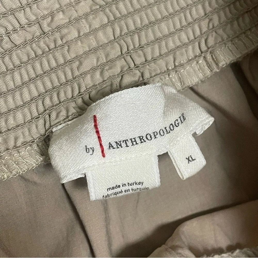 By Anthropologie Smocked Skirt Tan Maxi Midi Pull On Khaki Side Slit Pocket XL